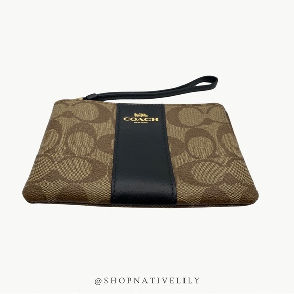Coach Corner Zip Logo Wristlet In Signature Canvas With Stripe | Khaki/Black - Picture 5 of 11
